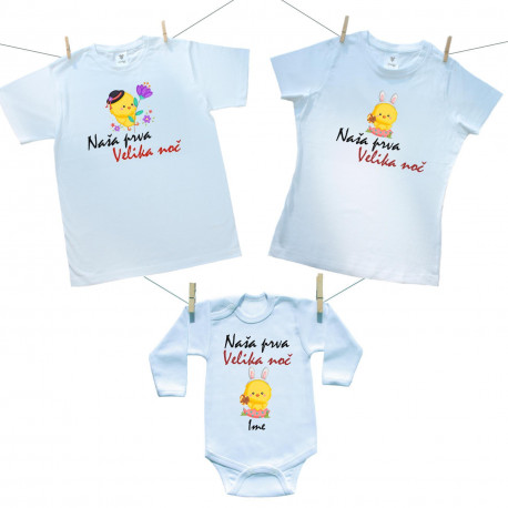 Družinski set (bodiji z dolgimi rokavi) Naša prva Velika noč z imenom - Punčka