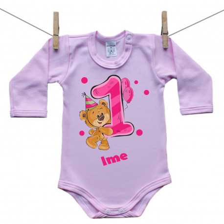 Roza bodiji z dolgimi rokavi Stara sem 1 leto z medvedkom za punčke