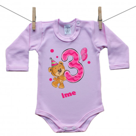 Roza bodiji z dolgimi rokavi Stara sem 3 leta z medvedkom za punčke