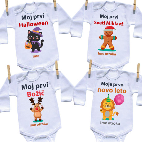 Pravljični prvi prazniki od noči čarovnic do novega leta - Komplet 4 bodijev Pravljični prvi prazniki od noči čarovnic do novega leta - Komplet 4 bodijev